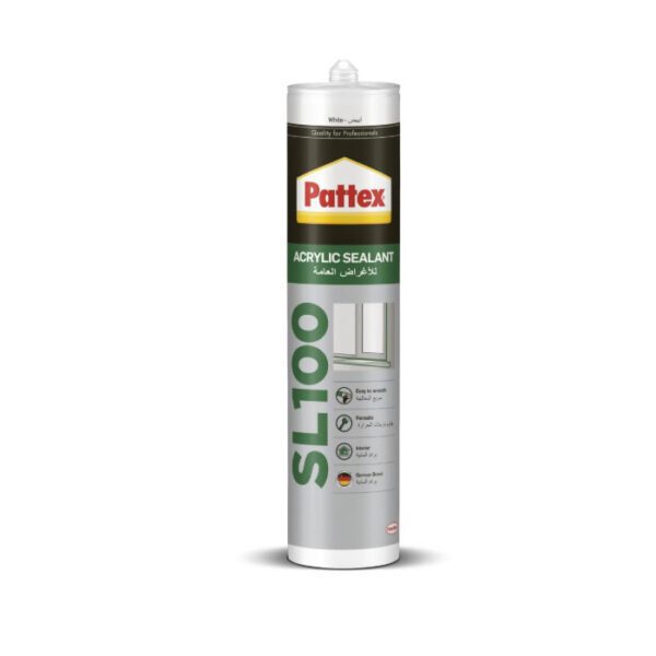 Pattex SL100 Acrylic لسد شقوق الجدران وفواصل الألومنيوم  عديم الرائحة، سريع الجفاف وقابل للطلاء في ساعة واحدة 